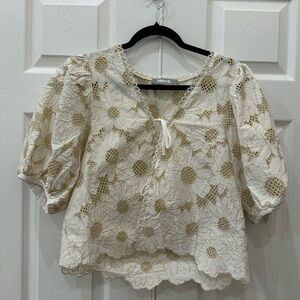 New! Metallic Embroidered Floral Blouse in Cream and Gold, Medium